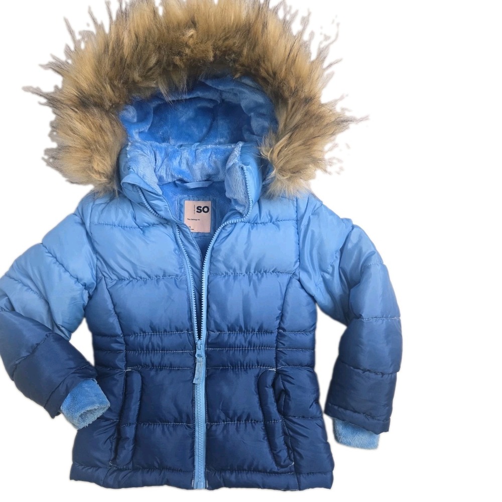 SO Girls Child 4/5 Blue Ombre Hooded Puffer Jacket With Removable FauxFur Collar